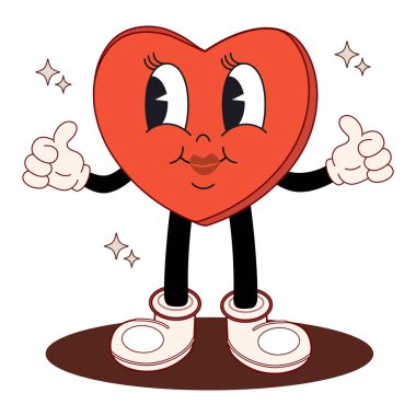 Cartoon heart character in groovy style. Vector illustration of a heart-shaped gift for Valentine's Day and birthday. Retro vector illustration for poster, card, banner. clipart