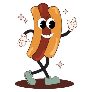 Komik çizgi film karakteri Hod Dog 'un harika bir tarzı var. Çocukluktan kalma sevimli bir retro maskot. Klasik fast food vektör çizimi. 60 'lar, 70' ler, 80 'ler için kavram.