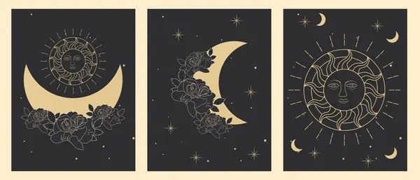 Mistik büyülü nesnelerin, tarot astroloji sembollerinin, ayın, Aztek güneş tanrıçasının, Terazi burcunun, yıldızların taşıyıcı posterleri. Moda minimalist tarzı. Manevi okültizmin nesneleri.
