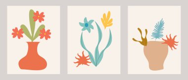 Organik şekilleri ve vazolarda yaprakları olan bir dizi modern duvar resmi. Minimalist moda sanat tasarımı, afişler, kapaklar, modern duvar dekorları için uygun..