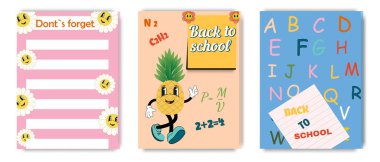 Çocuk defterleri için komik çizgi film karakterleri olan bir kapak şablonu koleksiyonu. Okul ve eğitim malzemeleri.