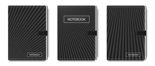 Siyah ve gri renkli geometrik tasarımı olan bir dizi vektör not defteri. İş ve okul için soyut defter kapağı şablonu. Kırtasiye malzemeleri. Eğitim kavramı.