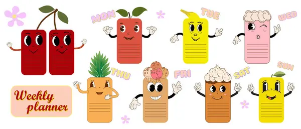 Haftalık ya da günlük çocuk takvimi planlayıcısı. Haftalık yapılacaklar listesi ve günlük planlar için çıkartmalı günlük program. Çizgi film karakterleri de harika. Yazdırılabilir sayfa vektör şablonu.