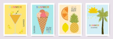 Set of cute modern summer posters, cards. Ice cream, fruits, cocktails, palm. Interior print for a children's room. Vector illustration of summer vacation, travel, vacation, wall art.