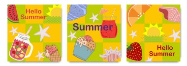 Set of abstract geometric summer posters, cards with summer elements, cocktail, sea shells, Ice cream, fruits. Colorful cocktail party invitation, summer background, cover.