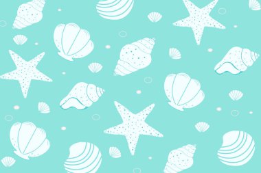Sahilde deniz kabukları olan şirin bir vektör geçmişi var. Okyanus egzotik tropik su altı kabuğu, su yumuşakçaları, deniz sarmalı salyangoz, pankartlar, el ilanları, duvar kağıtları, tekstil, sosyal medya.