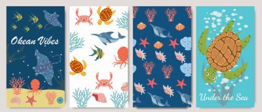 Cute summer sea posters. Turtle, starfish, shell, sea life, ocean design elements for print, poster, card. clipart
