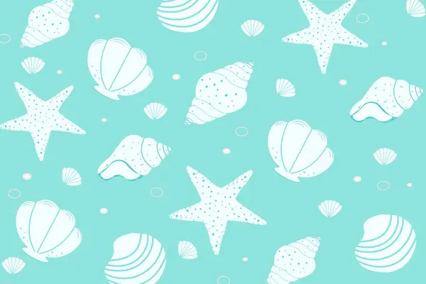 Sahilde deniz kabukları olan şirin bir vektör geçmişi var. Okyanus egzotik tropik su altı kabuğu, su yumuşakçaları, deniz sarmalı salyangoz, pankartlar, el ilanları, duvar kağıtları, tekstil, sosyal medya.