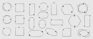 Yıldız çerçeveleri kümesi, doğrusal süslemeli kemer ögesi, vektör minimum retro sınır geometrisi dekoratif kümesi. Geleceğin basit figürleri. Dekorasyon için sevimli yıldız çerçevesi.
