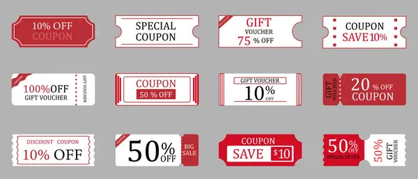 Kupon, bilet, hediye çeki, indirim kuponu, tasarruf kuponu. Grafik tasarımı için kupon kartı element vektör şablonu. Promosyon satışları için kuponlar farklı indirimlerle sağlanır.