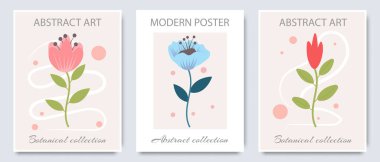 Soyut çiçek posterleri seti. Botanik desen. Modern moda minimalist tarzı. Organik doğal formlarla çağdaş sanat üretimi. Duvar dekorasyonu, baskı, kart için el çizimi illüstrasyon.