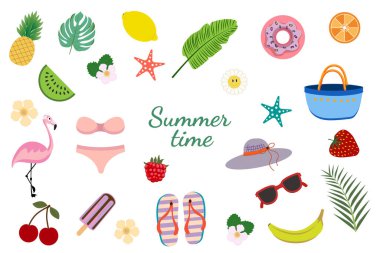Tropik tatil ikonları. Mevsimlik elementlerin toplanması. Flamingo, dondurma, ananas, tropik yapraklar, meyveler, plaj aksesuarları..