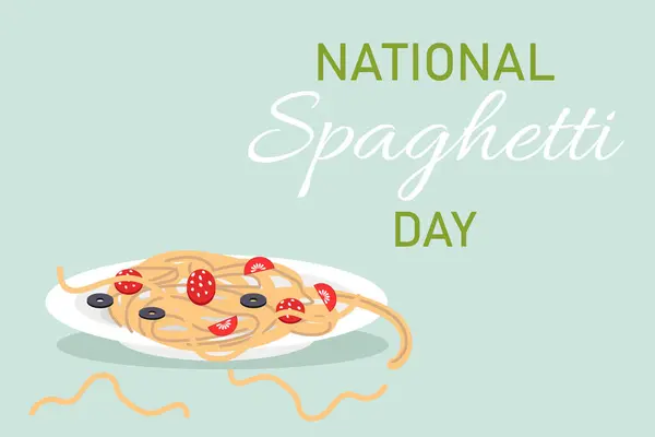 Ulusal Spagetti Günü. Bir tabak soslu makarna ile pankart şablonu..
