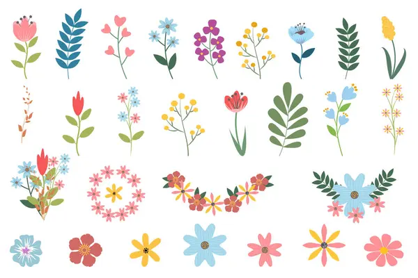 Güzel bahar ve yaz çiçekleri, yapraklar, çiçek buketleri yapmak için bitkiler. Çiçeklerin ve çiçek elementlerinin el çizimi vektör çizimi. Tebrik kartı tasarımı için karikatür 