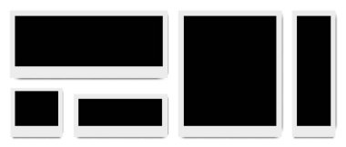 Beyaz arkaplanda farklı şekillerde bir fotoğraf seti. Boş retro Polaroid fotoğraflar. Tasarımınız için element.