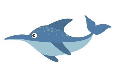 Deniz kılıcı balığı. Beyaz arka planda izole edilmiş şirin deniz balıkları. Komik su altı hayvanı. Renkli düz vektör çizimi. Sualtı dünyası konsepti.