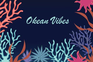 Sualtı vektör arkaplanı, afiş. Mercan resifleri olan egzotik su altı dünyası. Deniz vektörü parlak manzara.