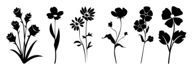 Beyaz arka planda çiçek siluetleri. Siyah çiçek ve yaprak elementleri çeşitli tasarım projeleri için uygundur.