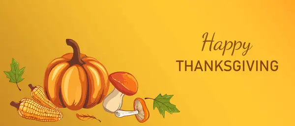 Sonbahar öğeleri, balkabağı, yapraklar, mısır ve mantarlarla dolu Şükran Günü için parlak bir arka plan. Sonbahar doğa konsepti, hasat, Cadılar Bayramı.