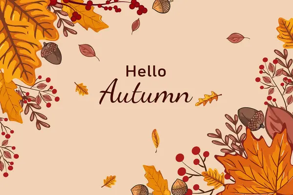 Parlak sonbahar yaprakları, meşe palamutları ve kürek dallarıyla arka plan deseni. Çerçeve ya da sonbahar temalı afiş, sonbahar elementleri. Hasat konsepti, sıcak sonbahar, yaprak düşüşü..