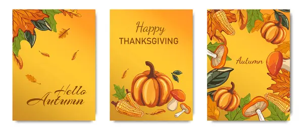 Sonbahar elementleri, balkabağı, yaprak, mısır ve mantarlı parlak Şükran Günü posterleri. Sonbahar doğa konsepti, hasat.