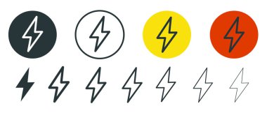 Şimşek simgesi, elektrik ikonu sembolü, tehlike, güç enerjisi, enerji ve gücü sembolize ediyor. Uygulamalar ve web siteleri için ince çizgi, özet ve vuruş biçimi.
