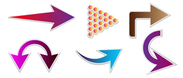 Oklar. Beyaz zemin üzerinde farklı şekillerde izole edilmiş çok renkli oklar. Mavi, leylak, pembe, kahverengi, sarı renkler. Vektör tasarım ögesi.