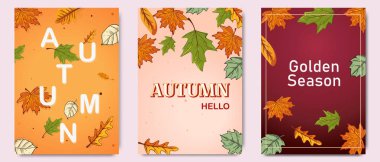 Sosyal medya tasarımı, satış ve reklam afişleri için yaprakları olan sonbahar posterleri. Sıcak sonbahar konsepti, ev konforu.