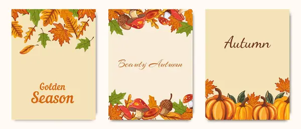 Yapraklı, mantarlı, meşe palamutlu ve balkabaklı şükran günü pankartları. Tebrik kartları, basım için ideal, el ilanları, posterler, davetiyeler. Moda sonbahar vektörü tasarımları.