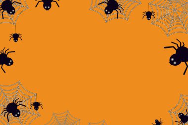 Turuncu arka planda örümcekler ve örümcek ağlarıyla cadılar bayramı geçmişi. Tatil için dekorasyon..