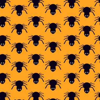 Parlak turuncu arka planda siyah örümcekleri olan kusursuz bir Cadılar Bayramı deseni. Duvar kağıdı veya dekorasyon.