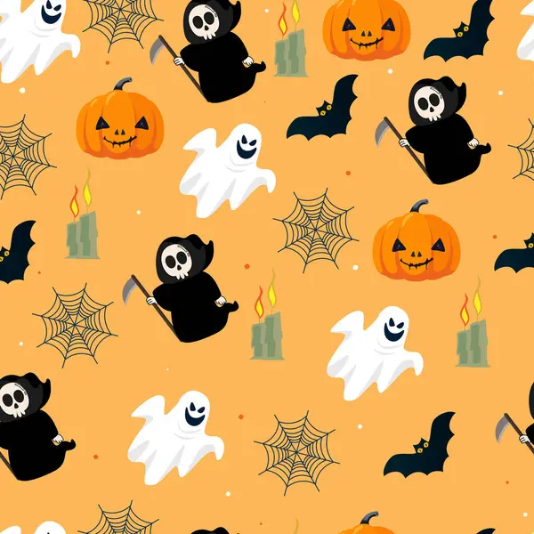 Cadılar Bayramı temasında kusursuz desenler var. Hayaletler, balkabakları, ölüm silueti, mumlar, yarasa. Yıllık Cadılar Bayramı festivali için dekorasyon malzemeleri.