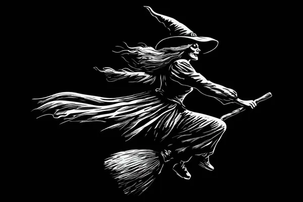 Ürkütücü yaşlı bir cadı süpürgesiyle Şabat 'a uçuyor. Cadılar Bayramı festivali konsepti, yanan ateş, siyah arka plan. Yıllık Cadılar Bayramı tatili için dekoratif unsur.