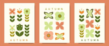 Sonbahar çiçekleri ve yapraklarıyla asgari geometrik poster. Hasat günü ve Şükran Günü geçmişi. Sonbahar atmosferi. Vektör düz resimleme.
