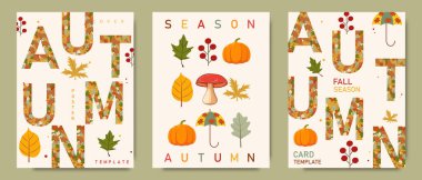 Sonbahar posterleri. Typography ile parlak moda tasarımı konsepti, geometrik sonbahar yaprakları, balkabakları, yaratıcı örtülü böğürtlenler. Kapak, damgalama, pankart, kartpostal şablonları.