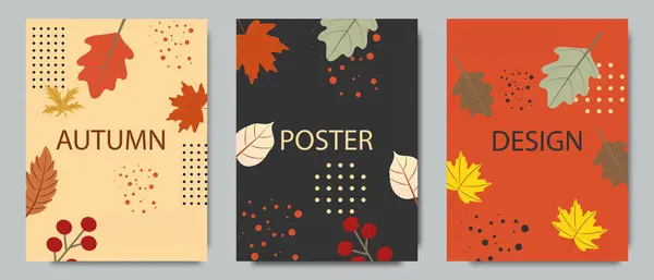 Karanlık arka planda soyut geometrik minimalist sonbahar posterleri koleksiyonu. El yapımı sonbahar yaprakları ve böğürtlenlerle modern arka plan. Davet için vektör şablonu, duvar dekoru, kartpostal, kapak