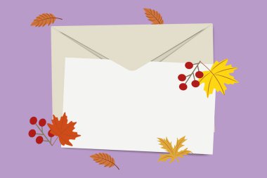 Sonbahar zarfı ve mor arkaplanda renkli yapraklar ve meyveler olan boş bir kart.