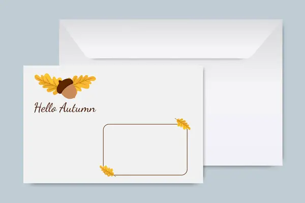 Sonbahar zarfı ve meşe palamudu ve meşe yaprağı desenli tebrik kartı mevsimlik mesajlar için minimalist beyaz arka plan