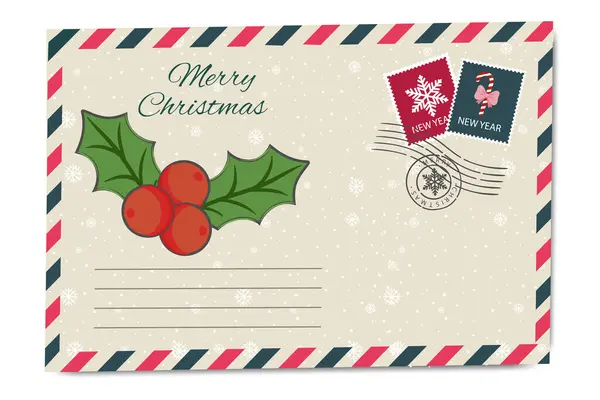 Noel kartpostalında çobanpüskülü bir zarf ve içinde kar taneleri ve pulların olduğu Mutlu Noel tipografisi var.