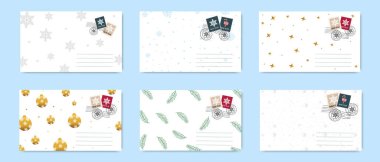 Kar taneleri, süsler, yıldızlar ve bayram kutlamaları için çam dalları içeren minimal tasarımlarla donatılmış zarif yeni yıl zarfı.