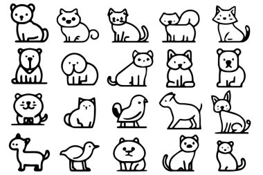 Basit siyah-beyaz hayvan çizgisi simgeleri, kedi, köpek, kuş ve diğer hayvanlarda dahil olmak üzere çeşitli şirin çizgi film hayvanlarıyla dizilmiş tasarım amacıyla minimalist tarzda.