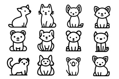 Kedi, köpek ve ayılar gibi şirin çizgi film hayvanlarını tasarım amacıyla minimalist tarzda gösteren basit siyah çizgi simgeleri..