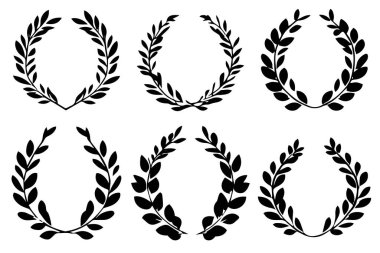 Beyaz arkaplanda siyah defne çelenk silueti seti, minimal ve zarif ödül veya zafer sembolü tasarımları