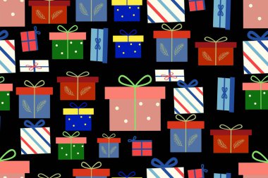 Renksiz Noel hediyesi kutusu desenli, siyah arka planda şenlik kurdeleleri ve süslemeleri var.