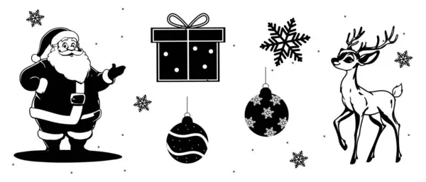 Noel Baba, ren geyiği, hediye kutusu, kar taneleri ve süslerin yer aldığı siyah beyaz Noel süslemeleri.