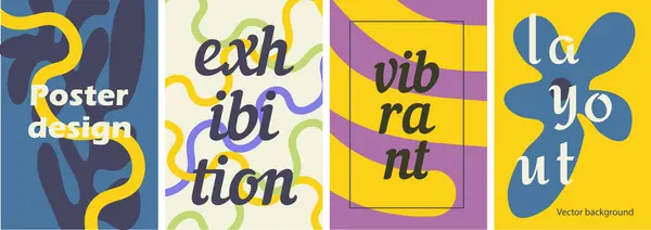 Modern poster tasarımları, soyut şekiller, canlı renkler, ve yaratıcı yerleşimlerde düzenlenmiş cesur tipografi. Vektör.