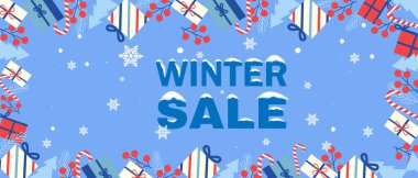 Şenlikli hediye kutuları ve tatil dekorasyonları, kar taneleri düşen mavi bir zemin üzerinde kış indirimi metnini çevreledi..