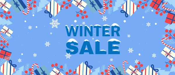 Şenlikli hediye kutuları ve tatil dekorasyonları, kar taneleri düşen mavi bir zemin üzerinde kış indirimi metnini çevreledi..
