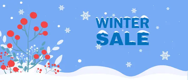 Kırmızı böğürtlenli ve beyaz kar taneli mavi karlı arka planda kış indirimi metni neşeli bir atmosfer yaratıyor..