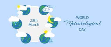 World Meteorological Day illustration with Earth and weather icons showcasing clouds, rain, sun, and wind on March 23. clipart